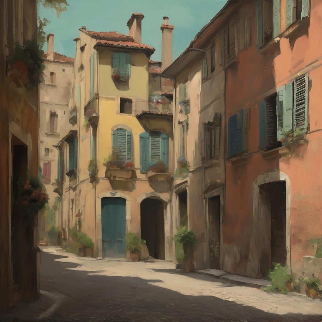 Ζωγραφική με εικόνα γραφικών παλιάς ευρωπαϊκής πόλης, χρώματα και αρχιτεκτονική.