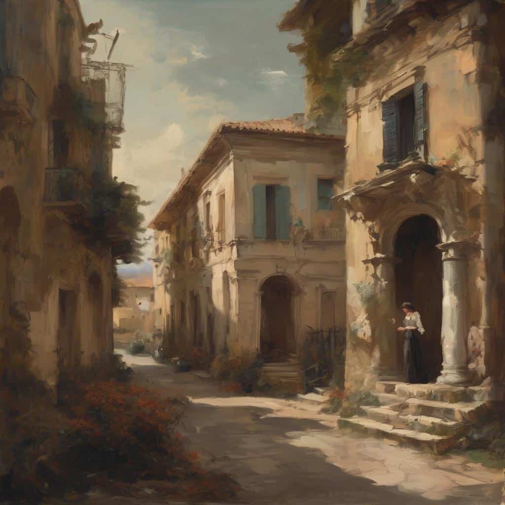 Παραδοσιακή πλατεία με παλιά κτίρια και γυναίκα που διαβάζει, δημιουργώντας ατμόσφαιρα μεγάλων καλλιτεχνών και επιρροής.