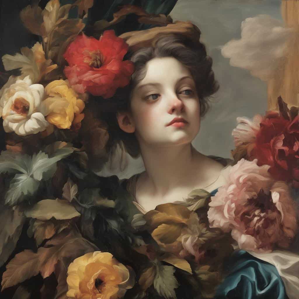 Φωτογραφία νεαρής γυναίκας με λουλούδια, έργο τέχνης, καλλιτέχνες και αντίκτυπος, ζωγραφική, λογοτεχνία, τέχνη και πολιτισμός.