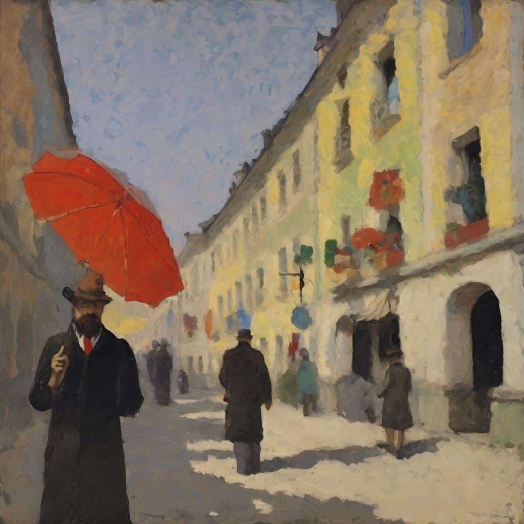 Συννεφιασμένος δρόμος με ανθρώπους και παράθυρα σε μια καλλιτεχνική ζωγραφιά.