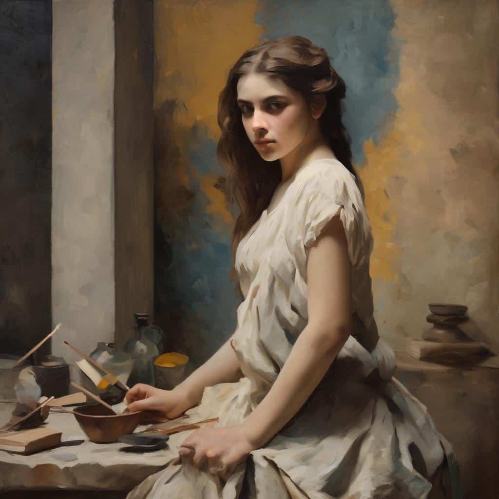 Γυναίκα καλλιτέχνης στη στούντιο, δημιουργώντας τέχνη με πινέλα και πηλό, μεγάλοι καλλιτέχνες και η επιρροή τους.