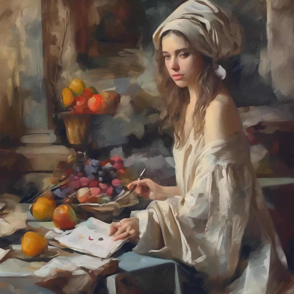 Καλλιτέχνες και οι μεγάλοι τους αντίκτυποι, πίνακας ζωγραφικής με νέα γυναίκα που ζωγραφίζει φρούτα, ιστορία τέχνης, σύγχρονη τέχνη, ανθρώπινη δημιουργικότητα, εικαστικά έργα.